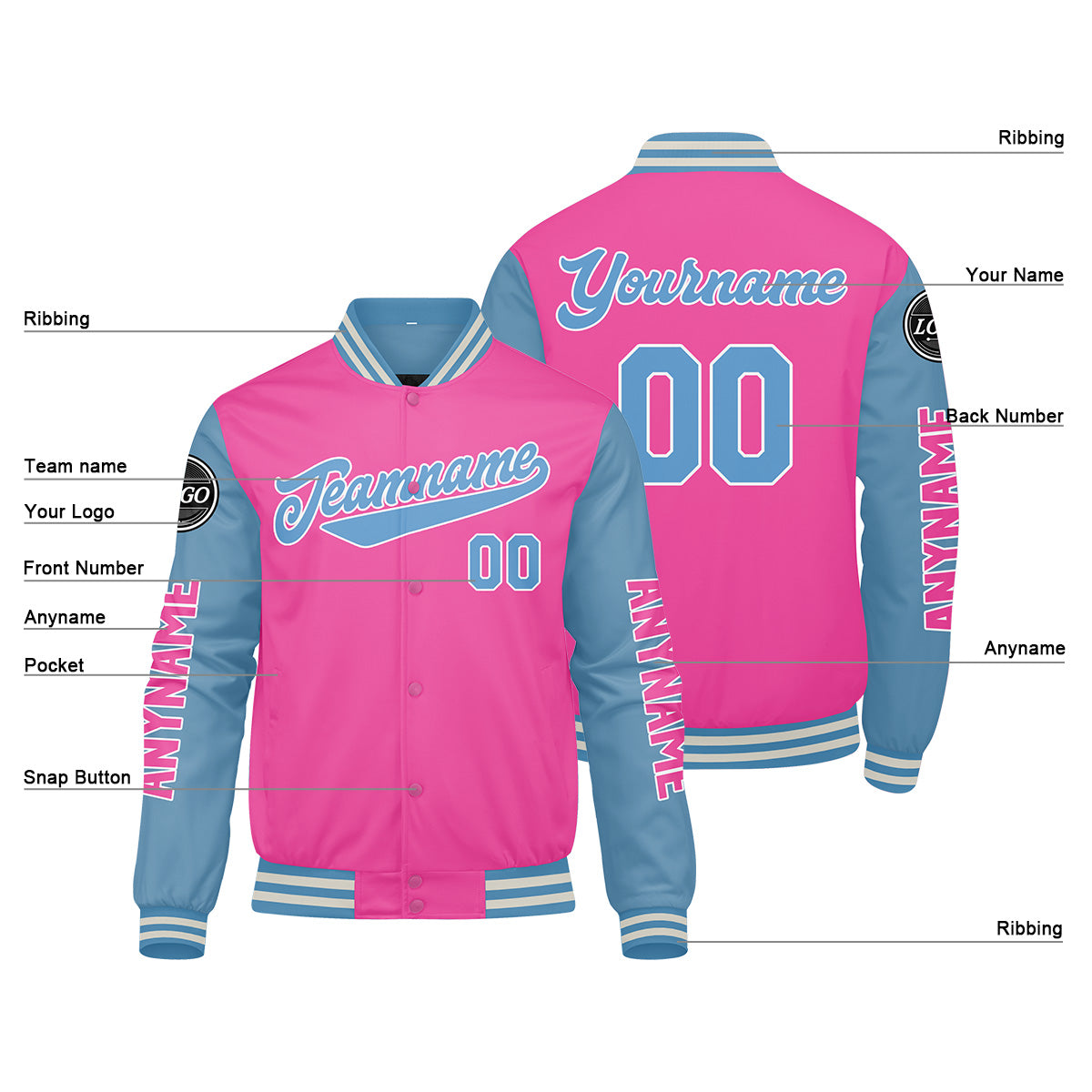 Custom Pink Light Blue Varsity Jackets for Men Women Youth Personalized Letterman Jackets