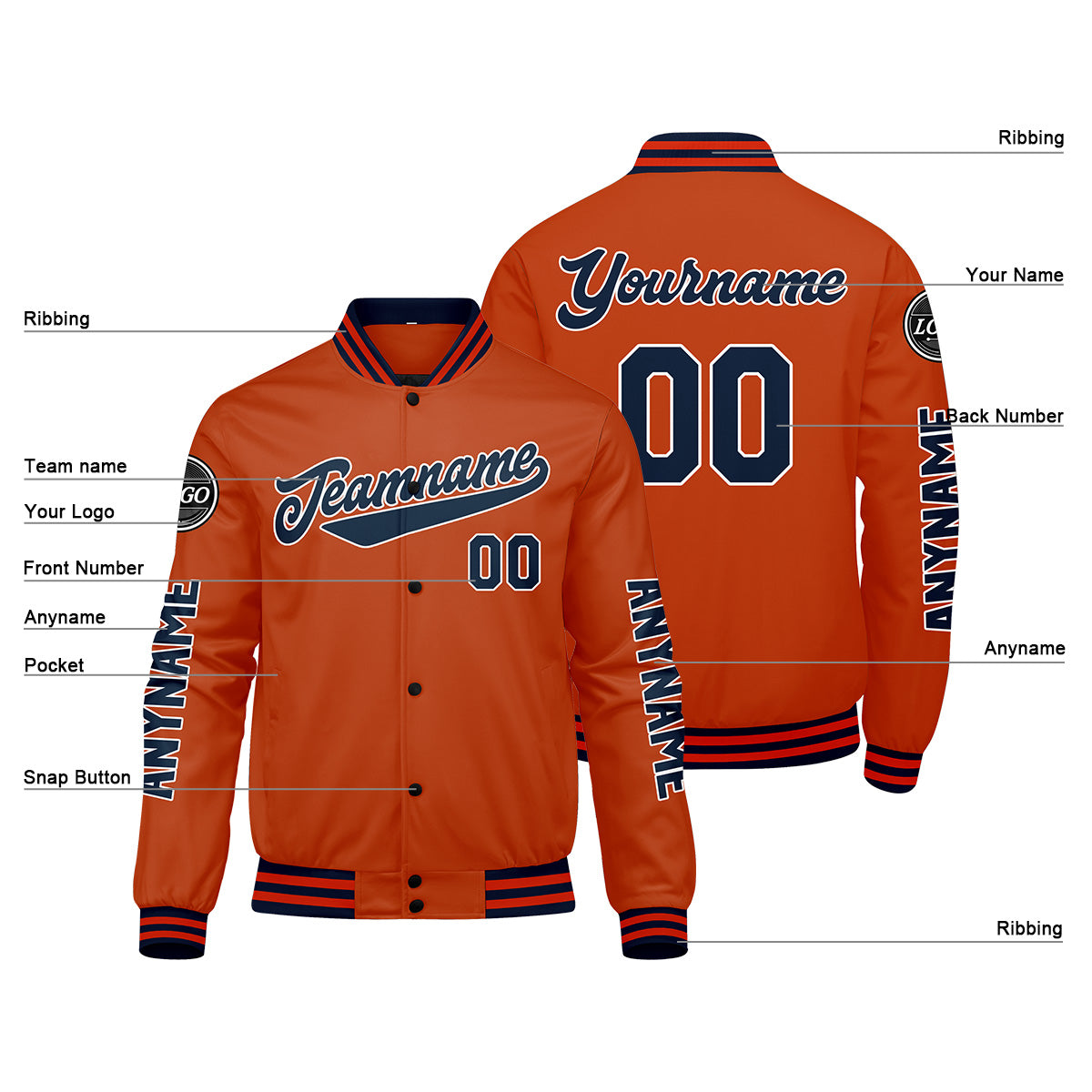 Custom Navy Orange Varsity Jackets for Men Women Youth Personalized Letterman Jackets