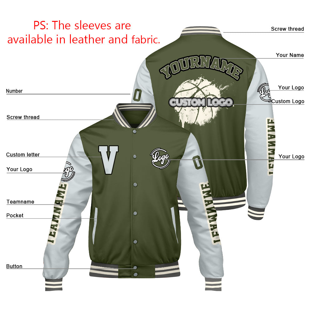 Custom Olive Green Grey Varsity Jackets for Men Women Youth Personalized Letterman Jackets
