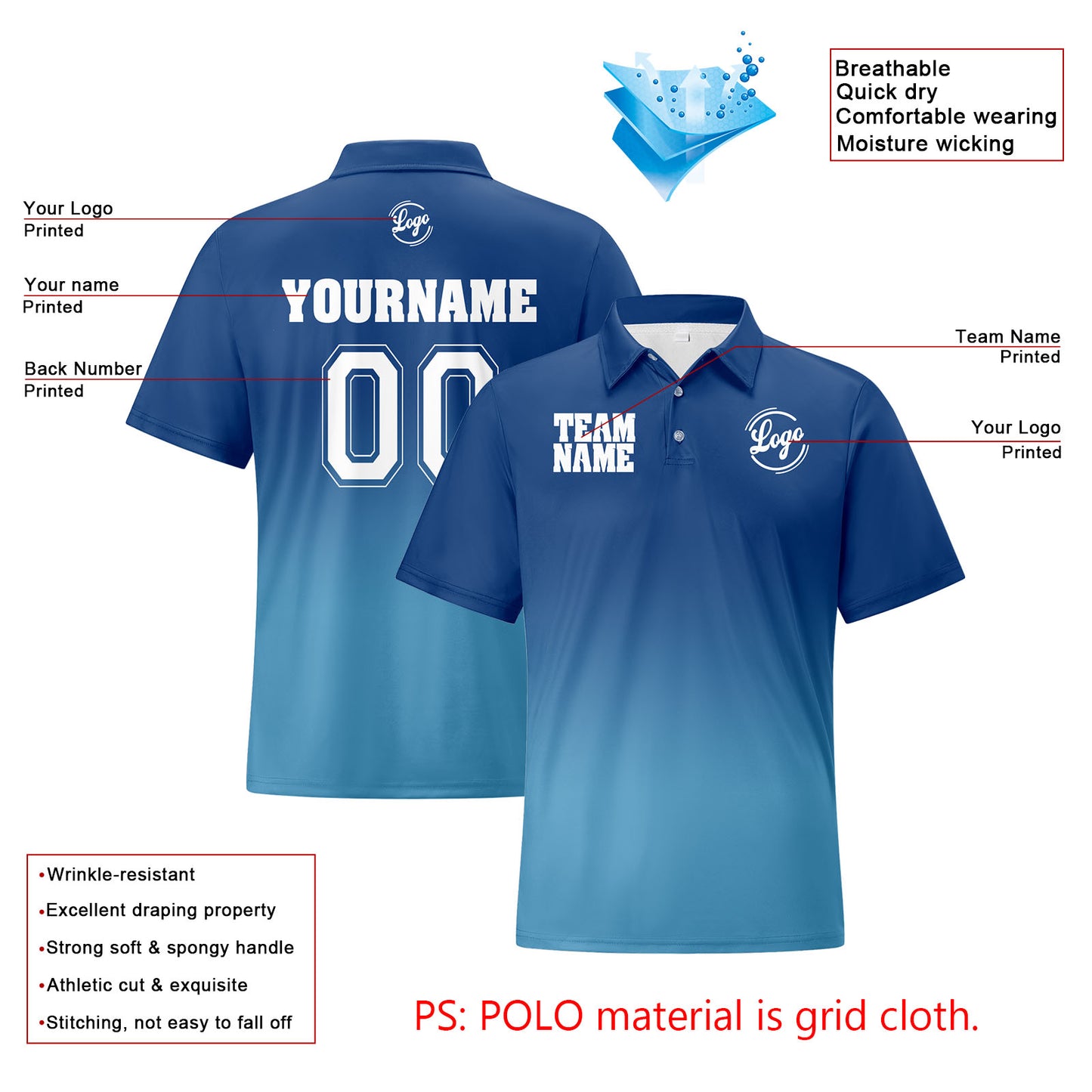 Custom Blue Light Blue Football Gradient Polo Shirts  Add Your Unique Logo/Name/Number
