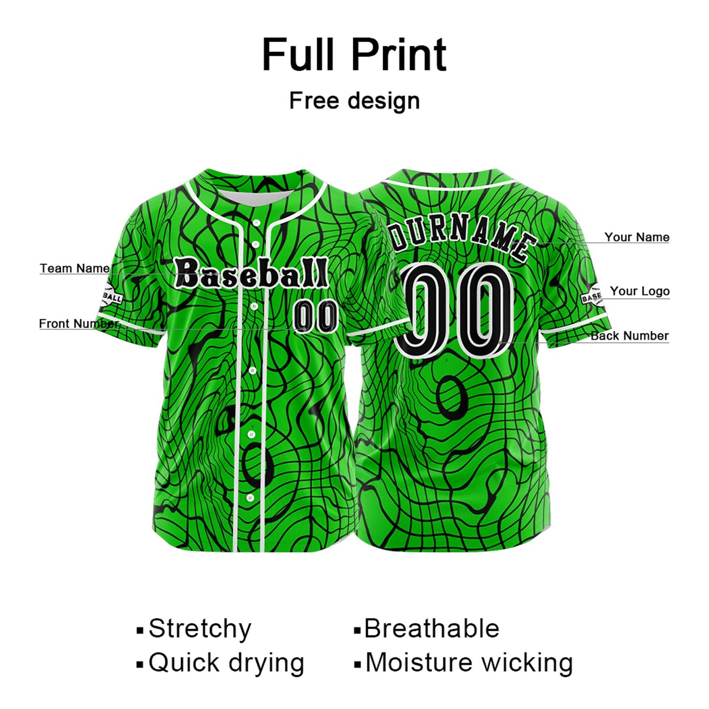 Custom Green Button Down Baseball Jersey for Men Women Adult Youth Print Name Number Logo
