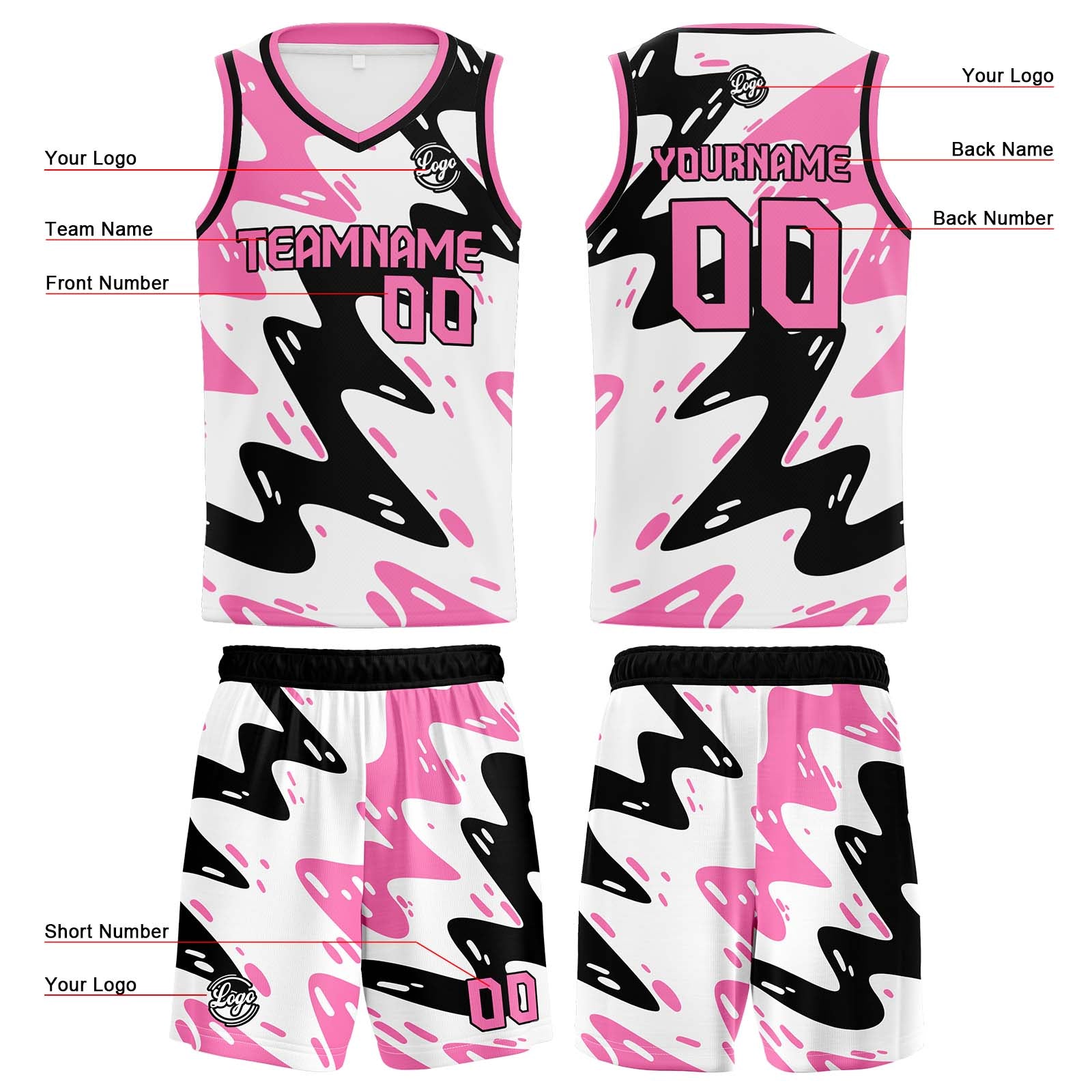 Custom White Black Pink Basketball Jersey Uniform Suit Printed Your Logo Name Number
