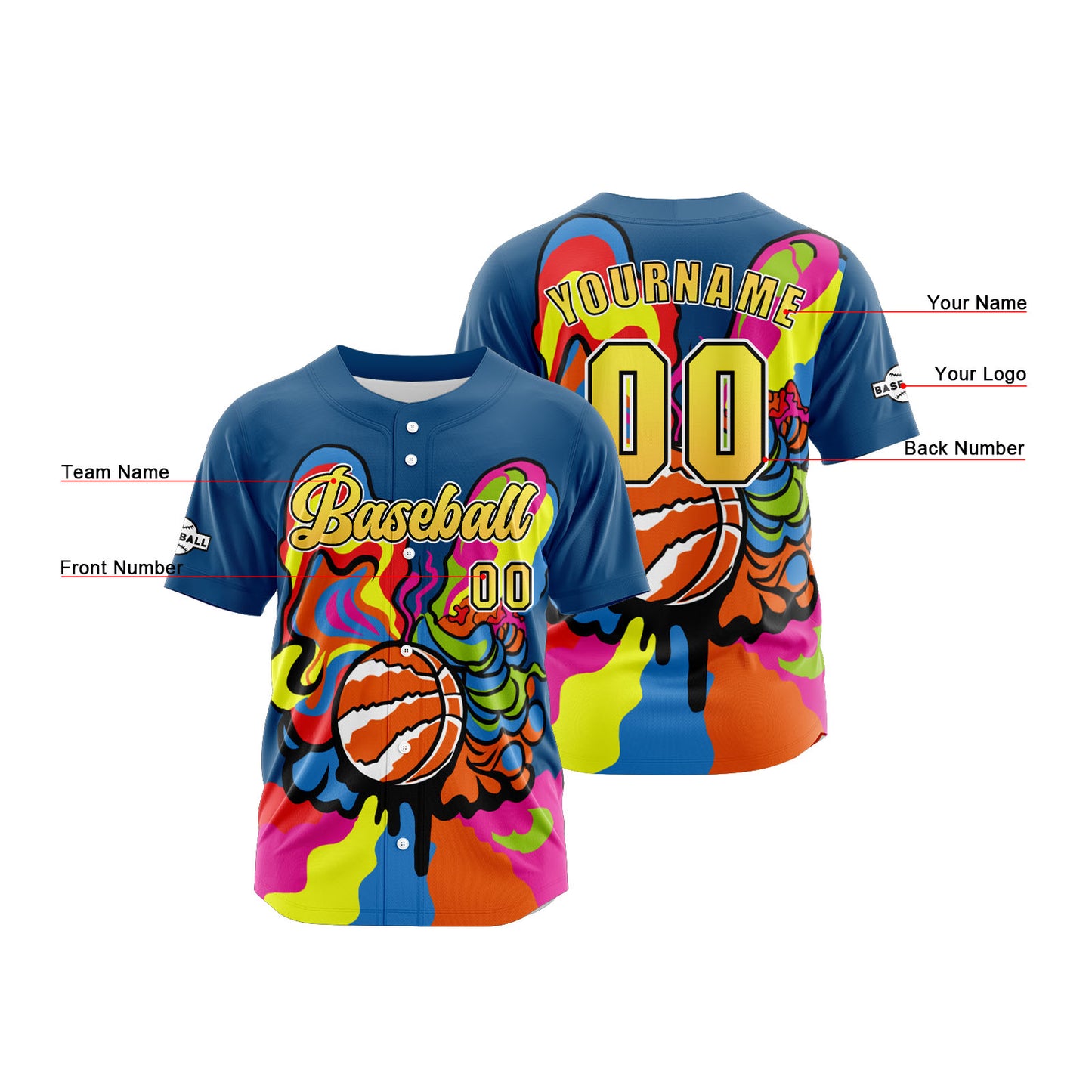 Custom Blue Yellow Button Down Baseball Jersey for Men Women Adult Youth Print Name Number Logo