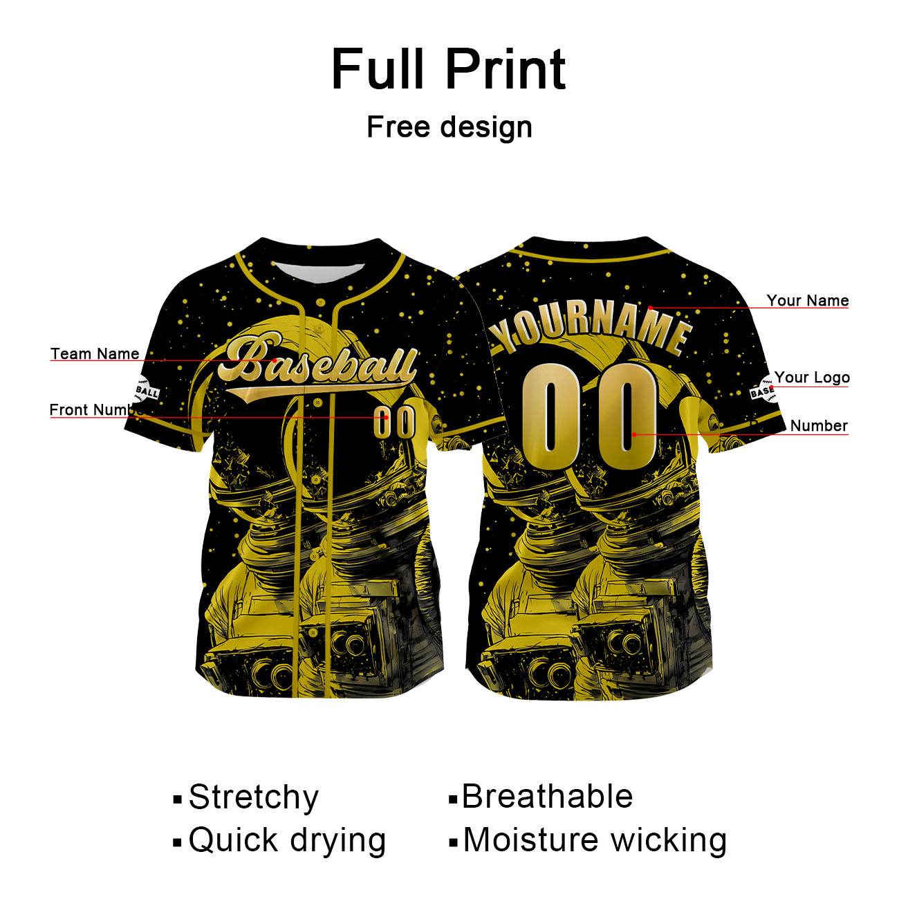 Custom Yellow Baseball Jersey Print Personalized Name, Number and Logo