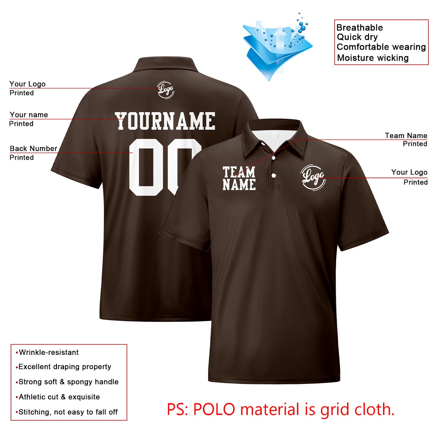 Custom Dull Brown White Football Polo Shirts  Add Your Unique Logo/Name/Number