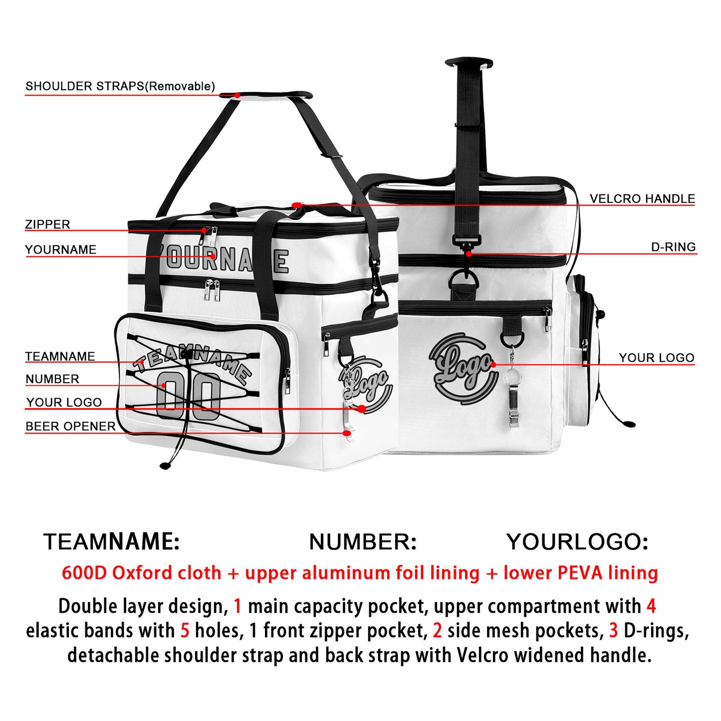 Custom White Black All-Over Print Double Layer Insulated Cooler Bag - Waterproof 600D Oxford Picnic Tote for Team Events & Outdoor BBQ