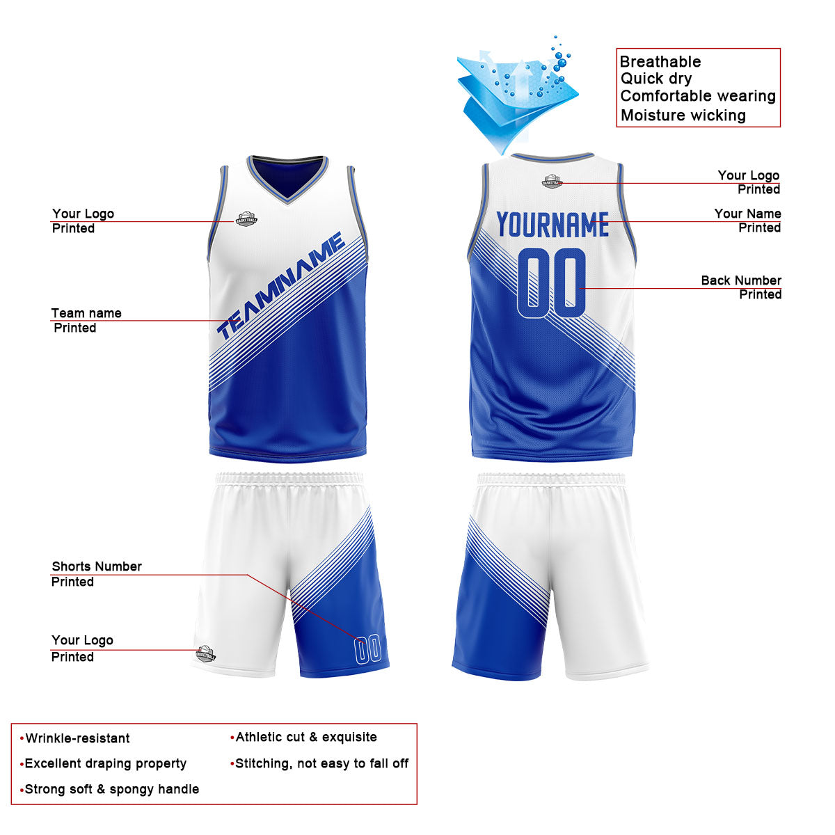 Custom White Blue Reversible Basketball Suit for Adults and Kids Personalized Jersey