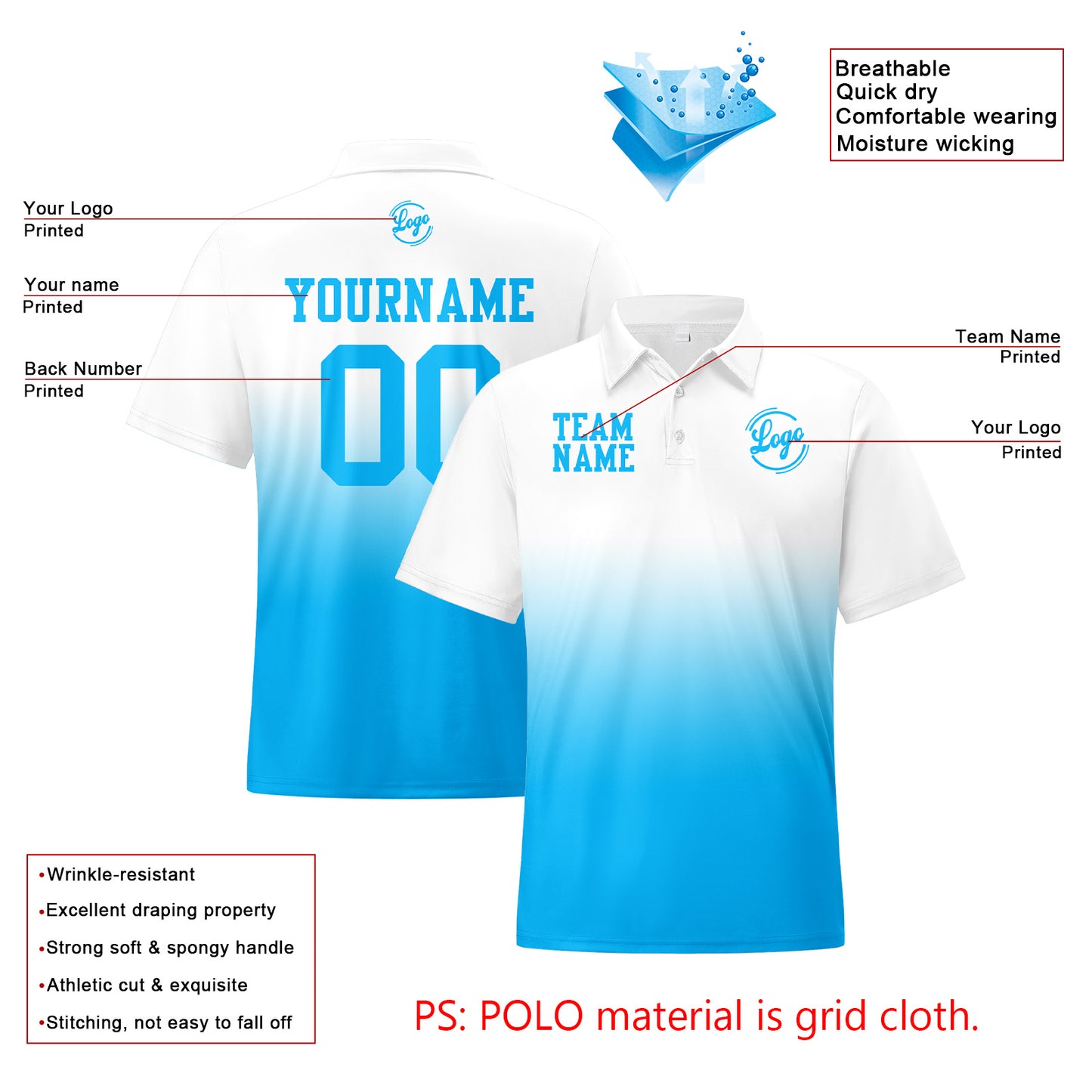 Custom White Blue Football Gradient Polo Shirts  Add Your Unique Logo/Name/Number