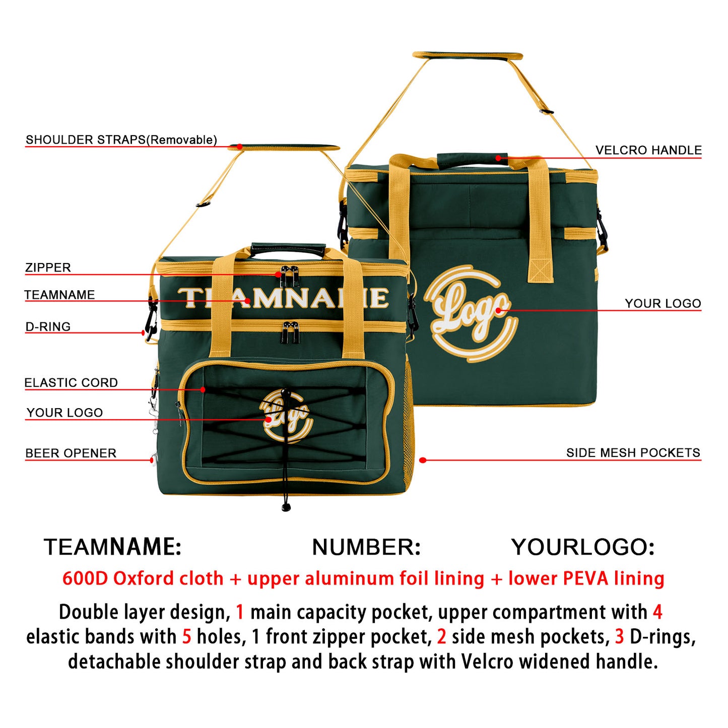 Custom Dark Green Yellow Double Layer Insulated Cooler Bag - 600D Oxford Waterproof Picnic Tote for Camping, Hiking & BBQ - Large Capacity Thermal Lunch Bag