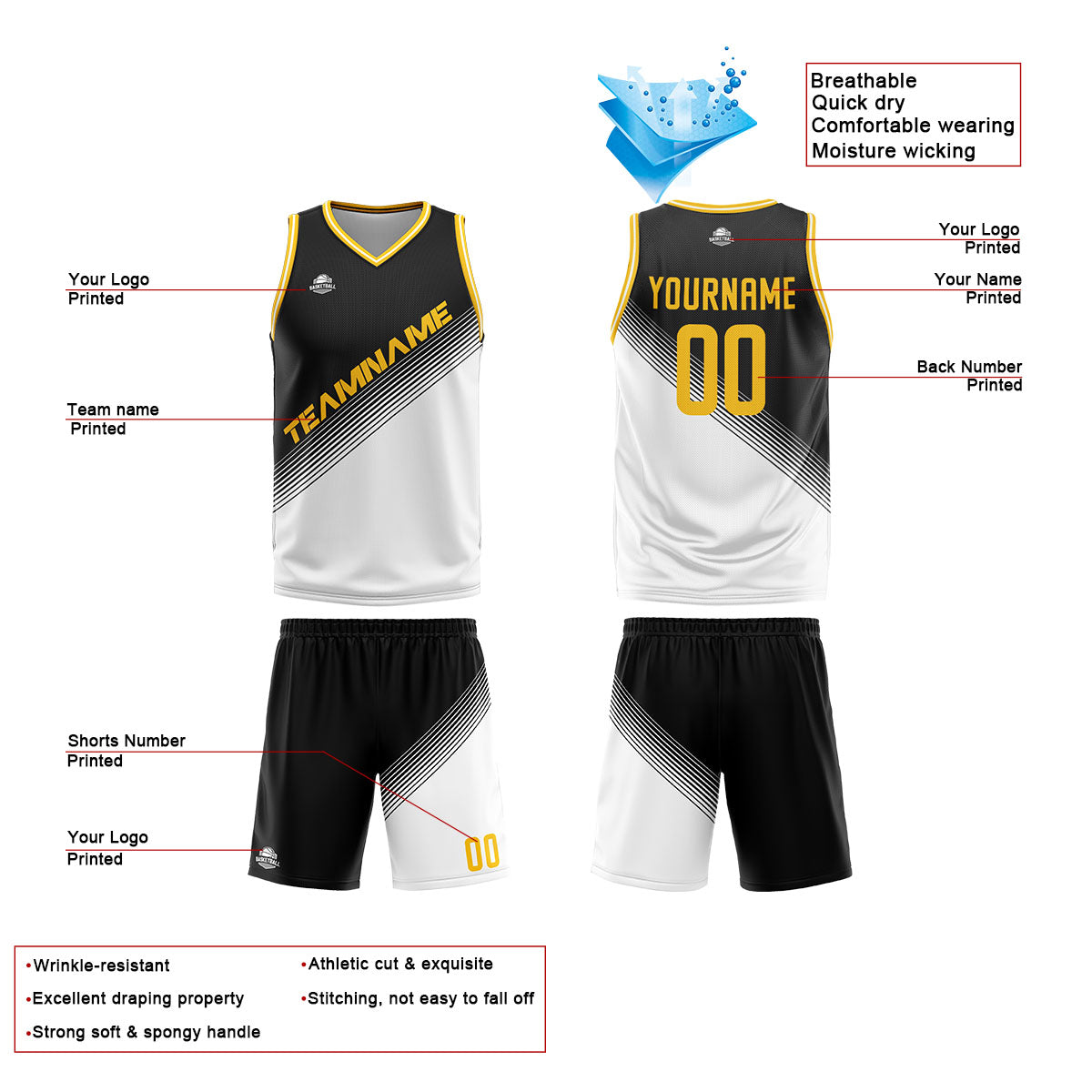 Custom Black White Reversible Basketball Suit for Adults and Kids Personalized Jersey