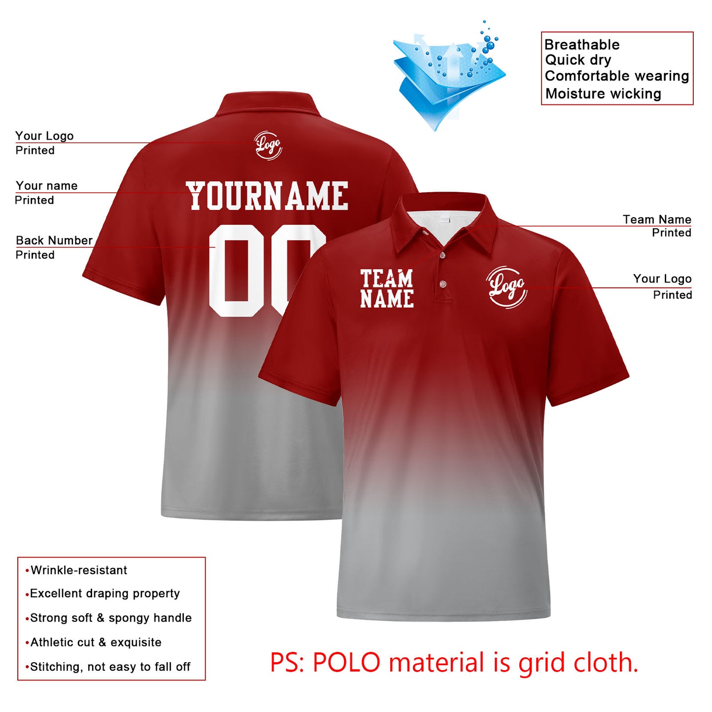 Custom Burgundy Grey Football Gradient Polo Shirts  Add Your Unique Logo/Name/Number