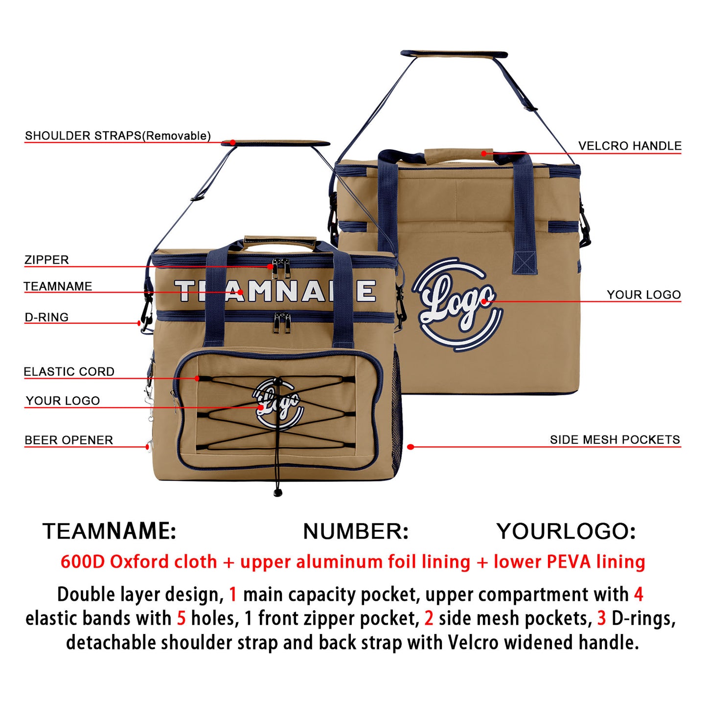 Custom Brown Blue Double Layer Insulated Cooler Bag - 600D Oxford Waterproof Picnic Tote for Camping, Hiking & BBQ - Large Capacity Thermal Lunch Bag