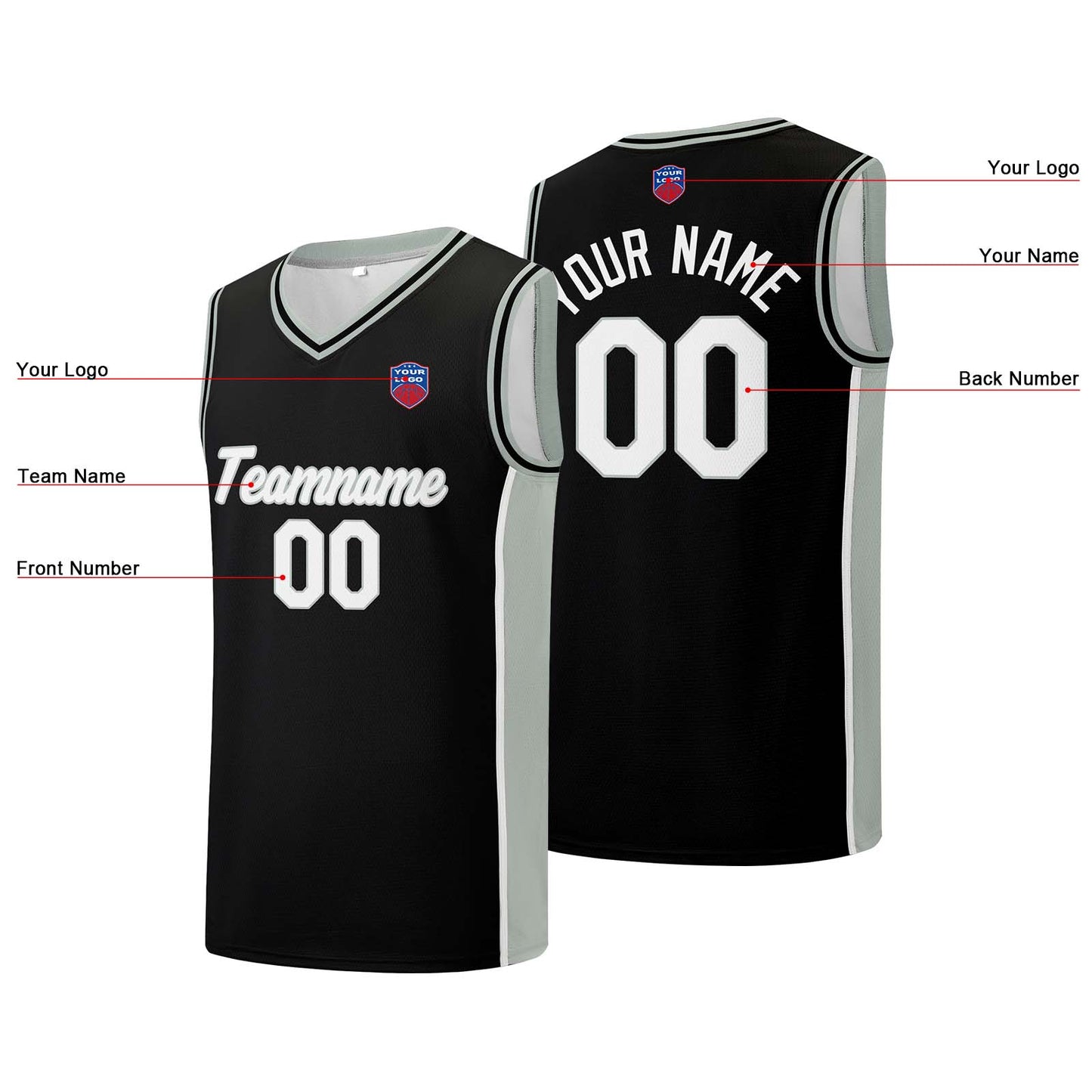 Custom basketball jersey shorts for men and women. Embroidered and printed name, number and logo Black&Grey