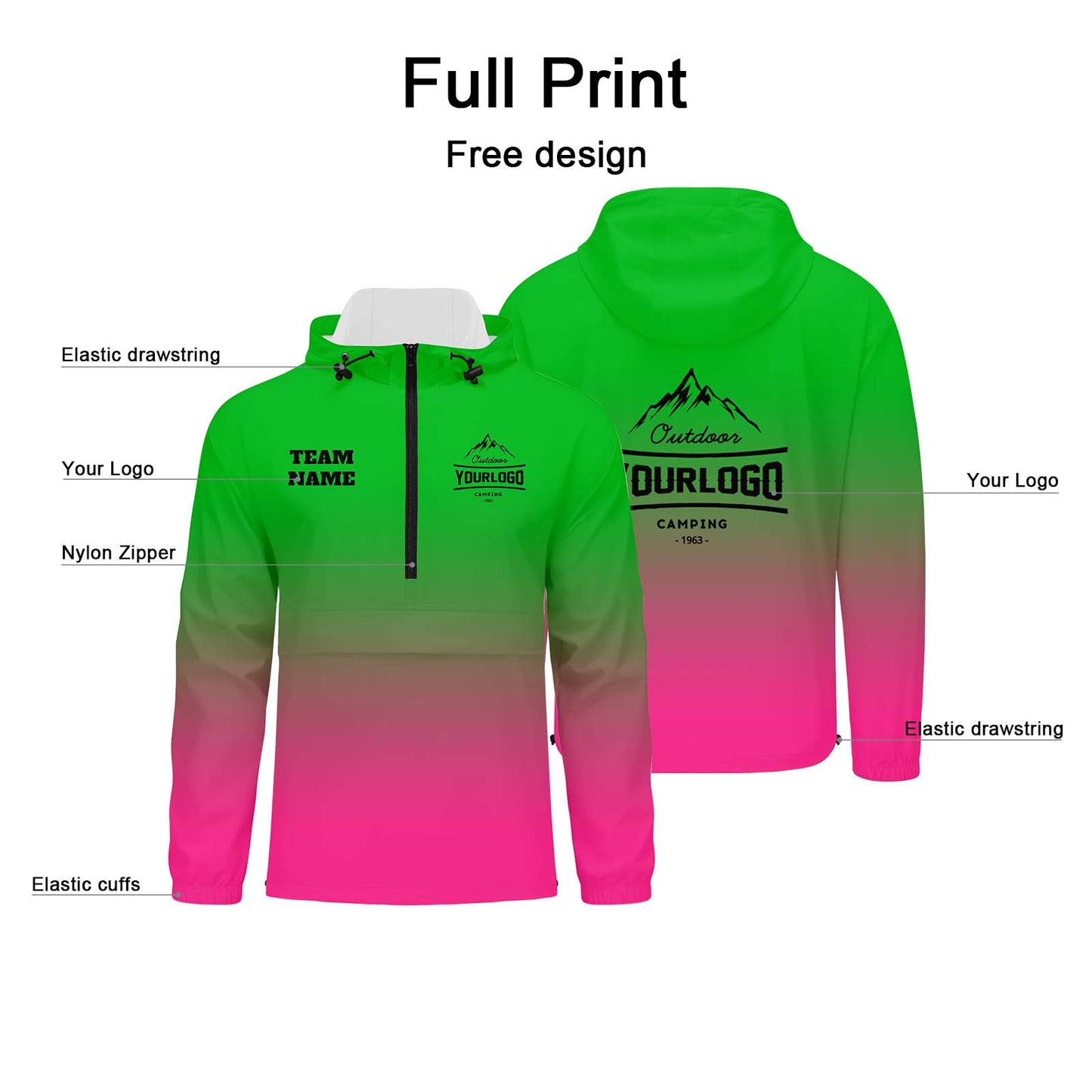 Custom Green Pink Windproof Softshell  Hooded Jacket - Lightweight Full - Zip, Full Print Logos & Texts