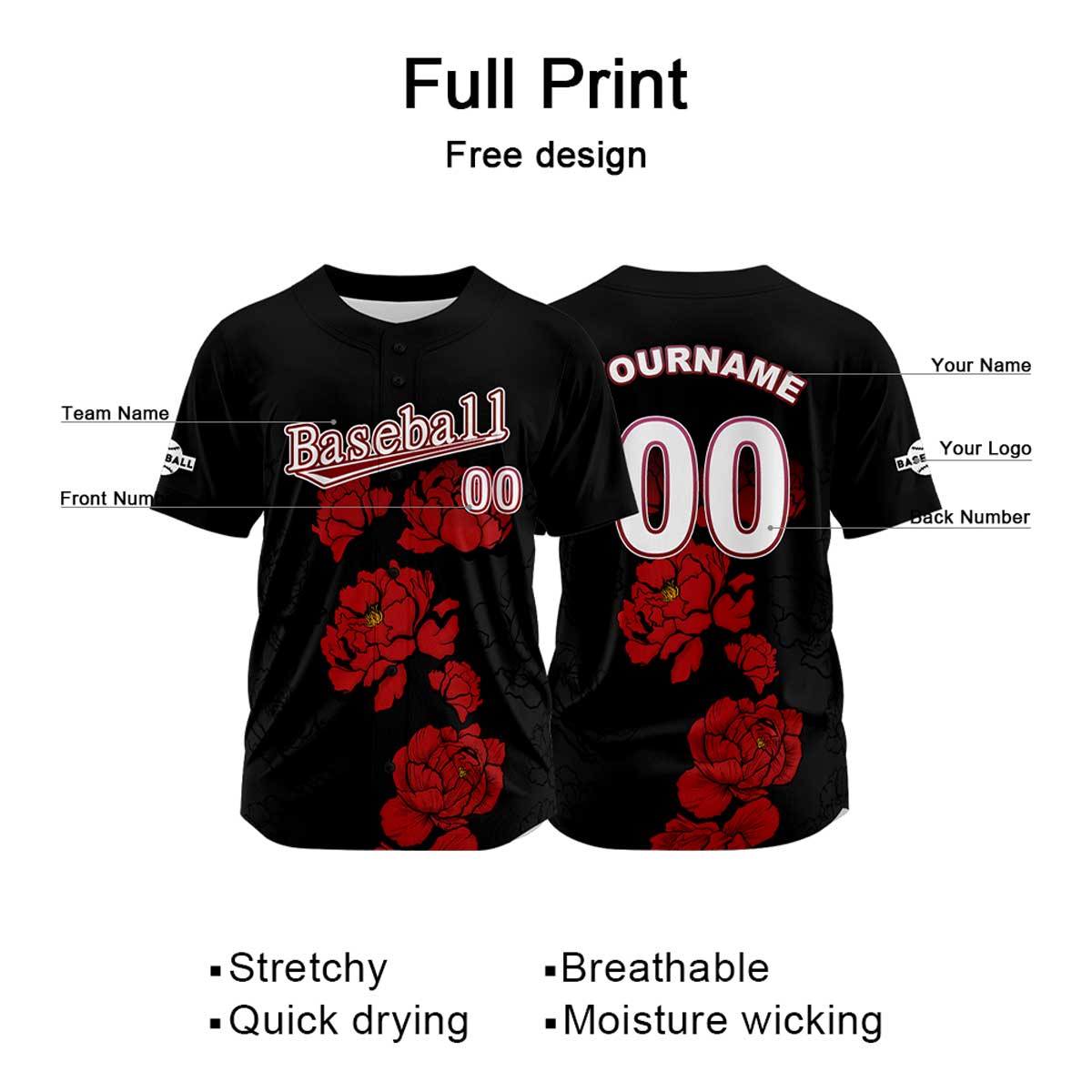 Custom Black Baseball Jersey Print Personalized Name, Number and Logo