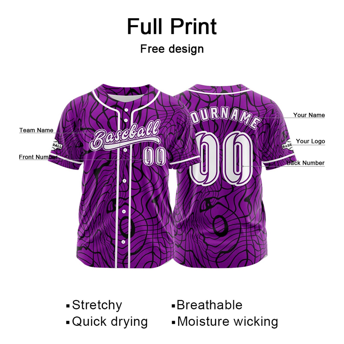 Custom Purple Button Down Baseball Jersey for Men Women Adult Youth Print Name Number Logo