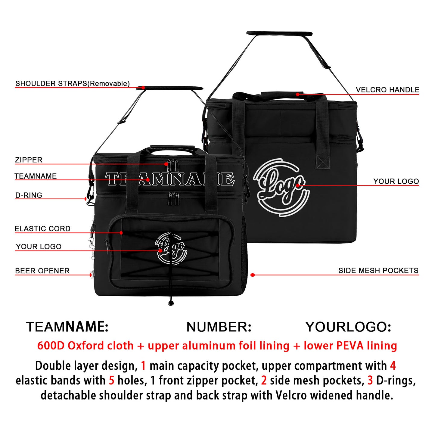 Custom Black Double Layer Insulated Cooler Bag - 600D Oxford Waterproof Picnic Tote for Camping, Hiking & BBQ - Large Capacity Thermal Lunch Bag