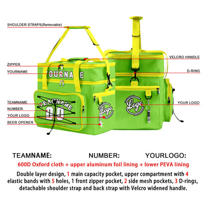 Custom Green Yellow All-Over Print Double Layer Insulated Cooler Bag - Waterproof 600D Oxford Picnic Tote for Team Events & Outdoor BBQ