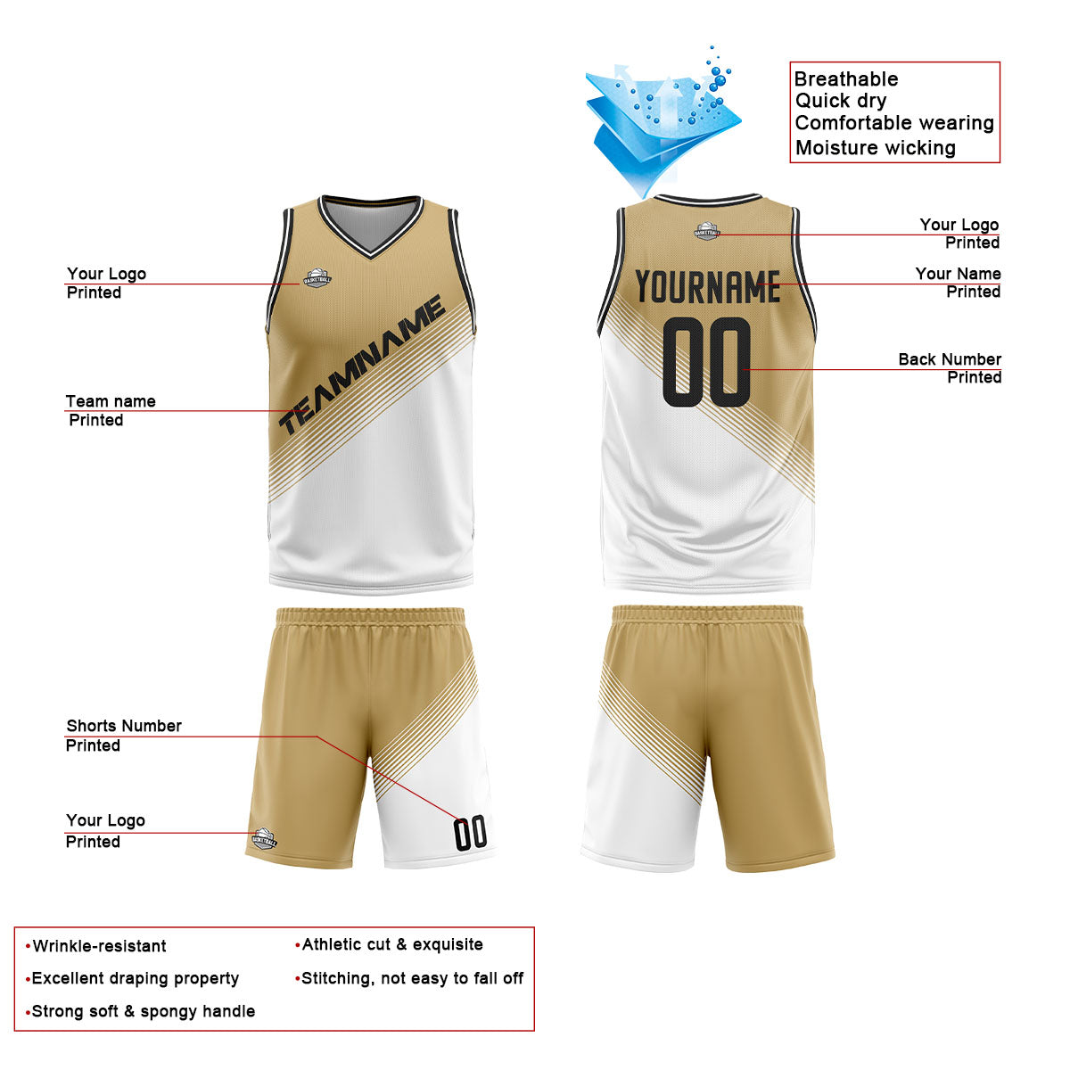 Custom Brown White Reversible Basketball Suit for Adults and Kids Personalized Jersey