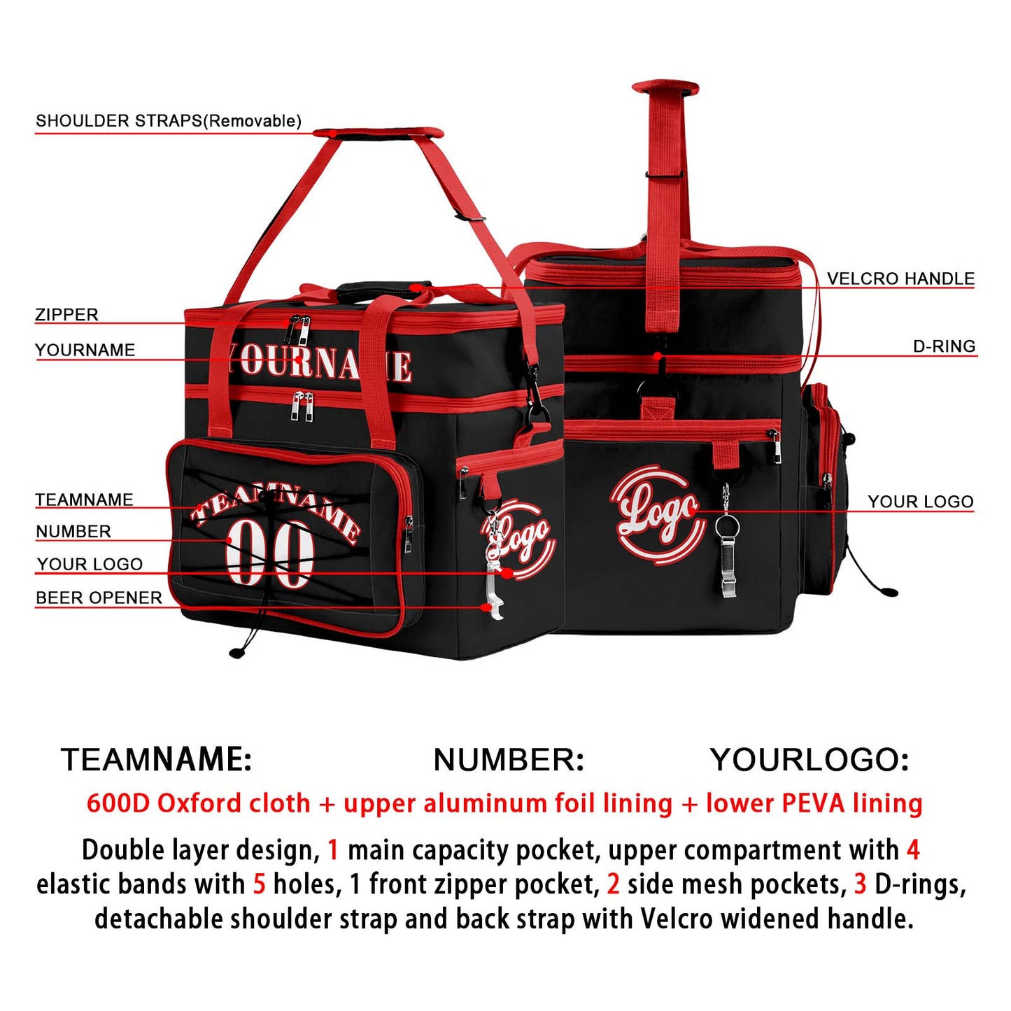 Portable Double Layer Cooler Bag - Waterproof Insulated Picnic Tote for Camping & Family Outings Black Red