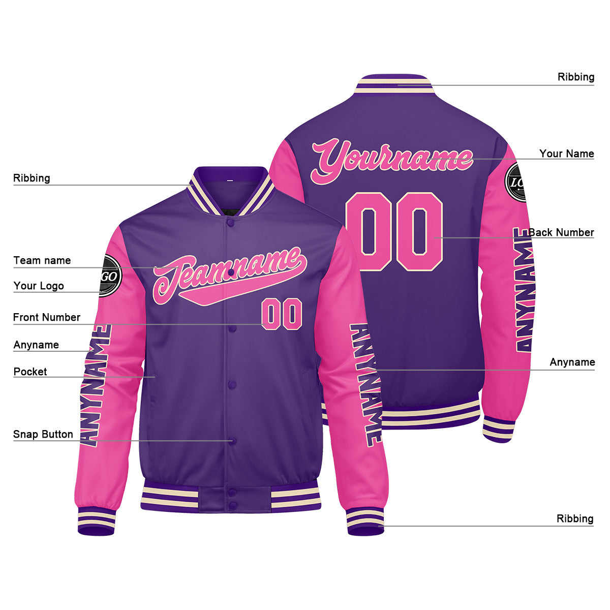 Custom Purple Pink Varsity Jackets for Men Women Youth Personalized Letterman Jackets