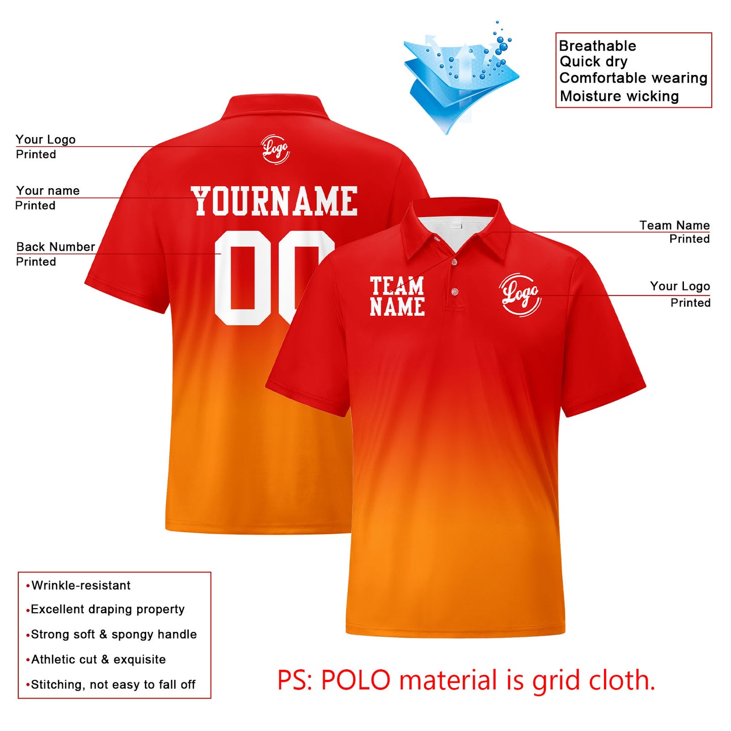 Custom Red Orange Football Gradient Polo Shirts  Add Your Unique Logo/Name/Number