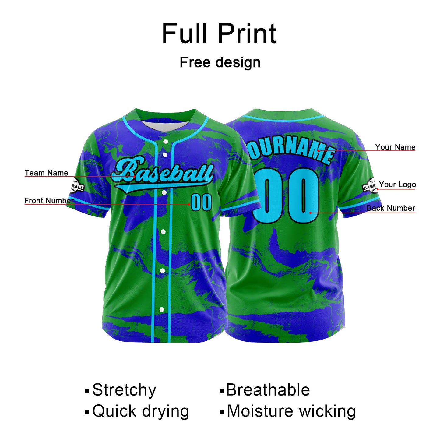 Custom Green Button Down Baseball Jersey for Men Women Adult Youth Print Name Number Logo