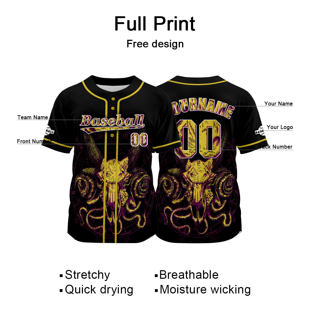 Custom Black Baseball Jersey Print Personalized Name, Number and Logo