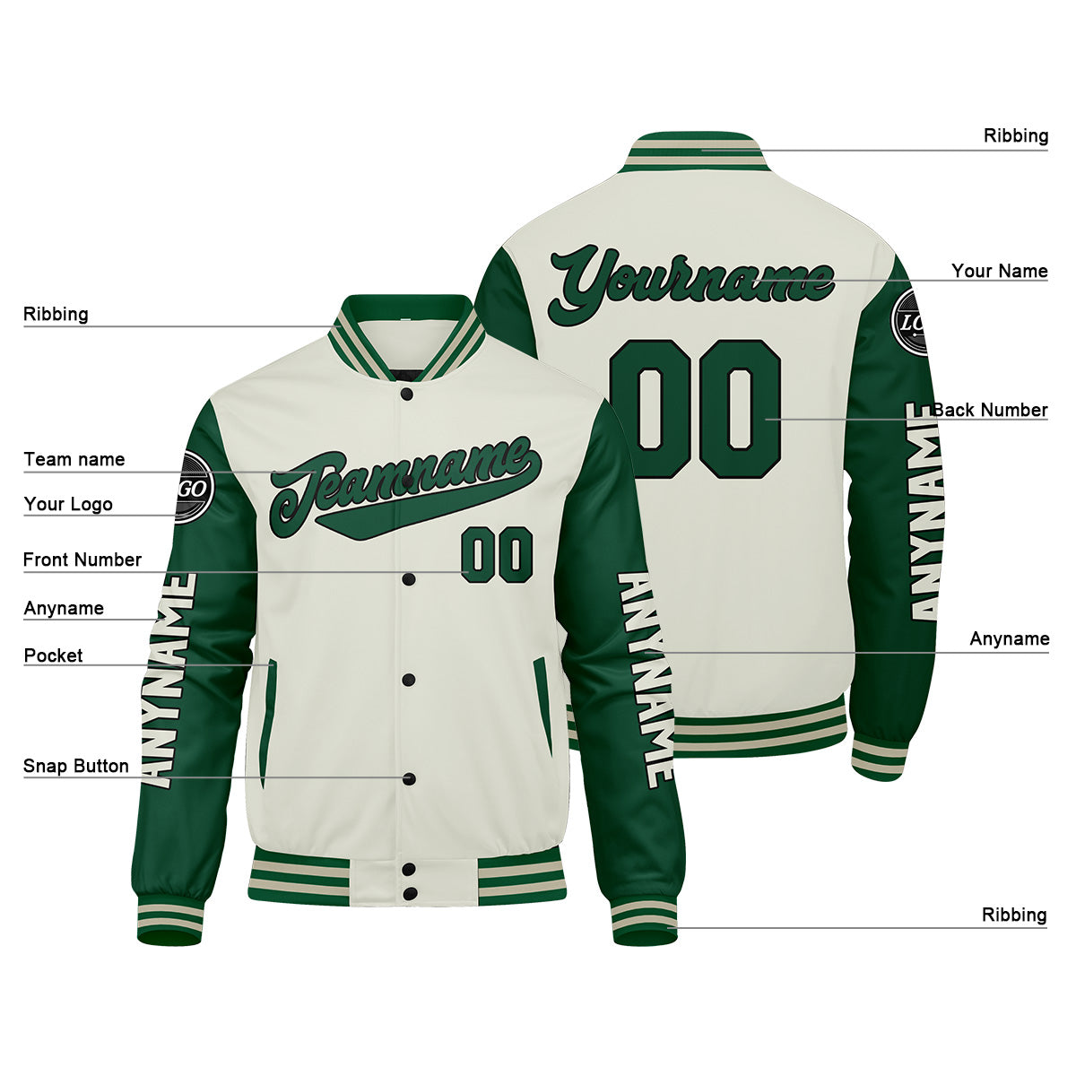 Custom Green Cream Varsity Jackets for Men Women Youth Personalized Letterman Jackets