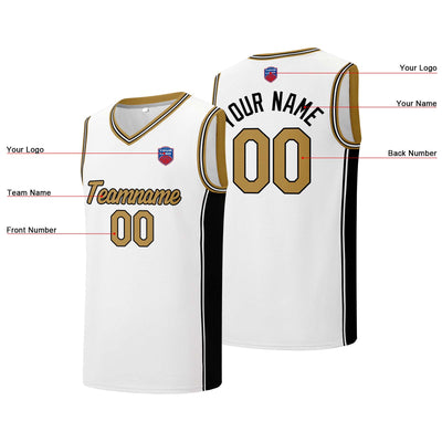 Custom basketball jersey shorts for men and women. Embroidered and printed name, number and logo White