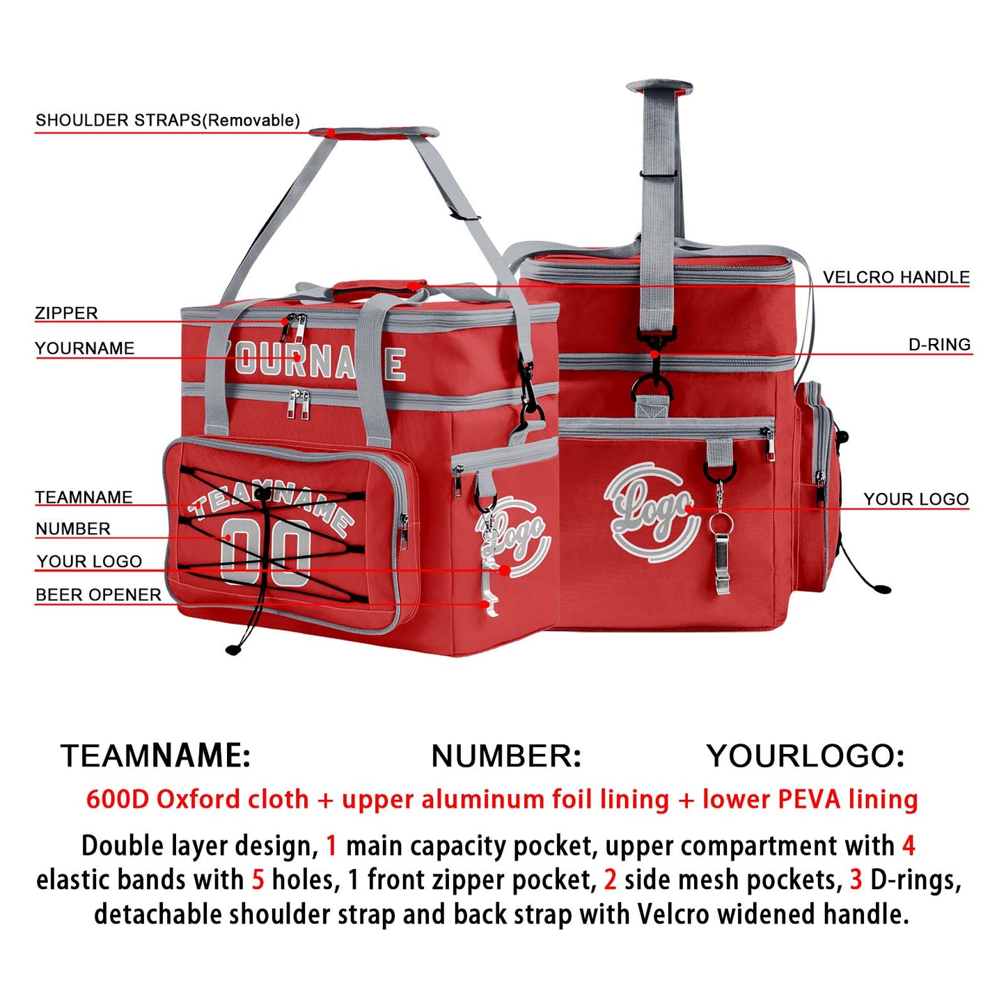 Custom Red Grey All-Over Print Double Layer Insulated Cooler Bag - Waterproof 600D Oxford Picnic Tote for Team Events & Outdoor BBQ