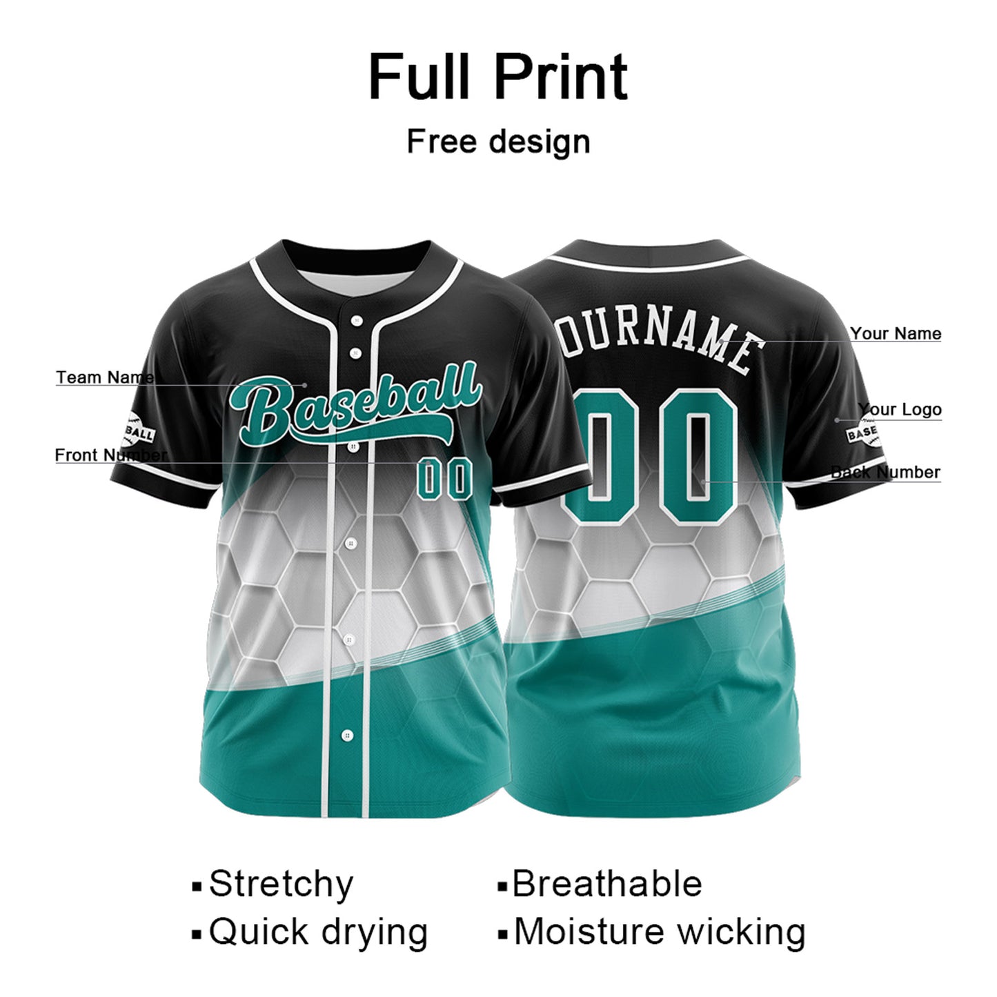 Custom Black Cyan Button Down Baseball Jersey for Men Women Adult Youth Print Name Number Logo