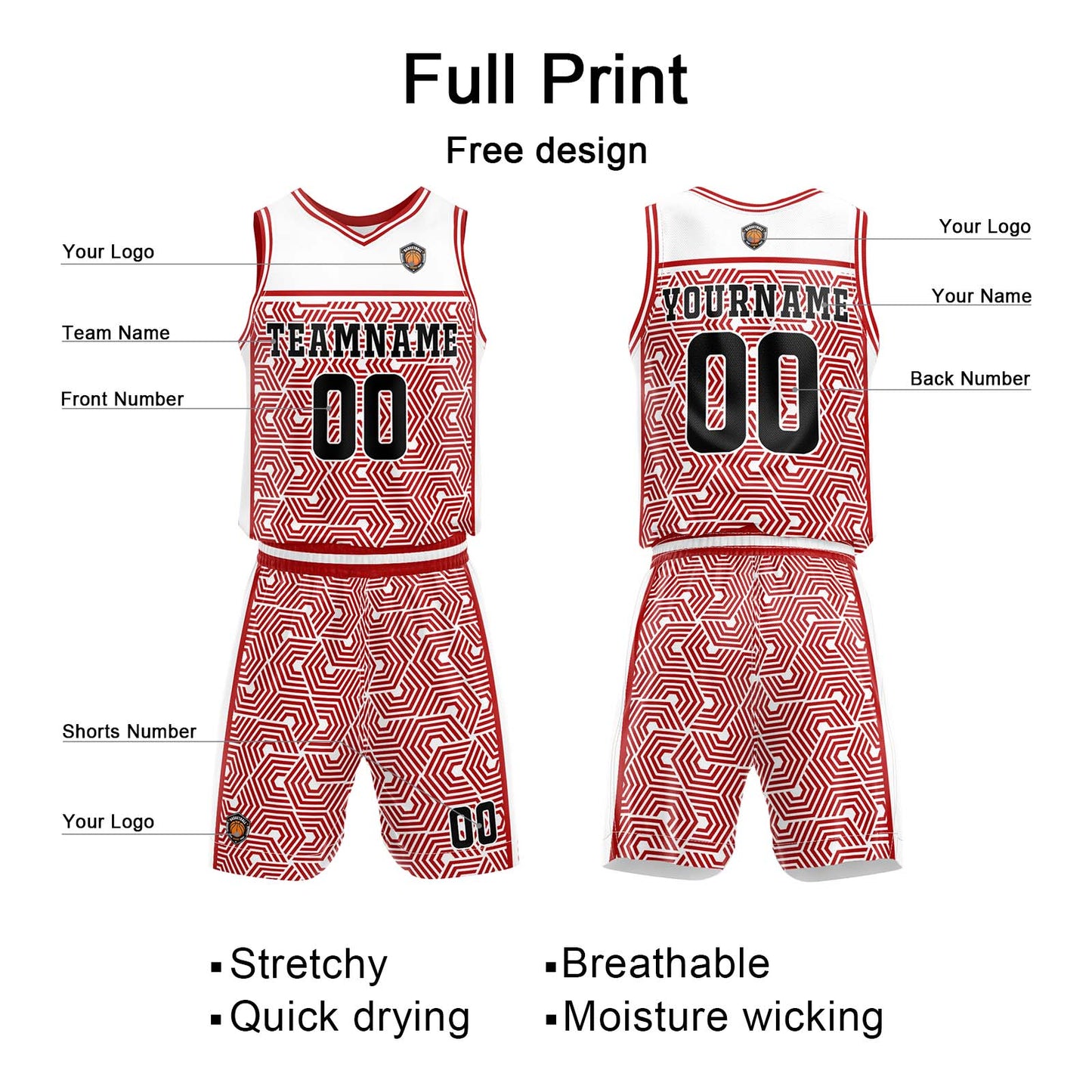 Custom White Red Basketball Jersey Uniform Suit Printed Your Logo Name Number