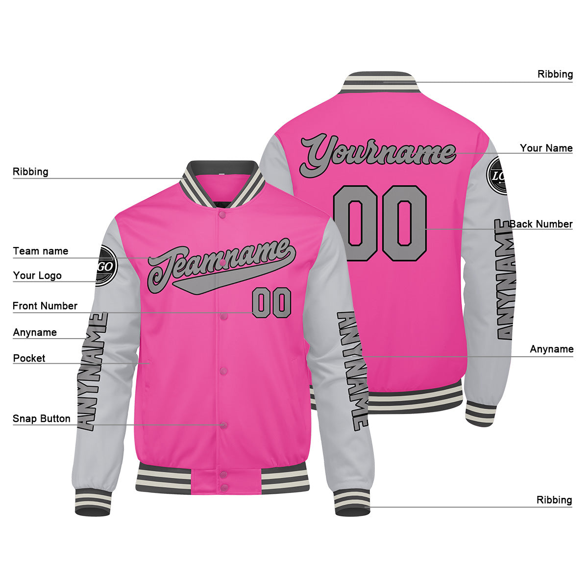 Custom Pink Grey Varsity Jackets for Men Women Youth Personalized Letterman Jackets