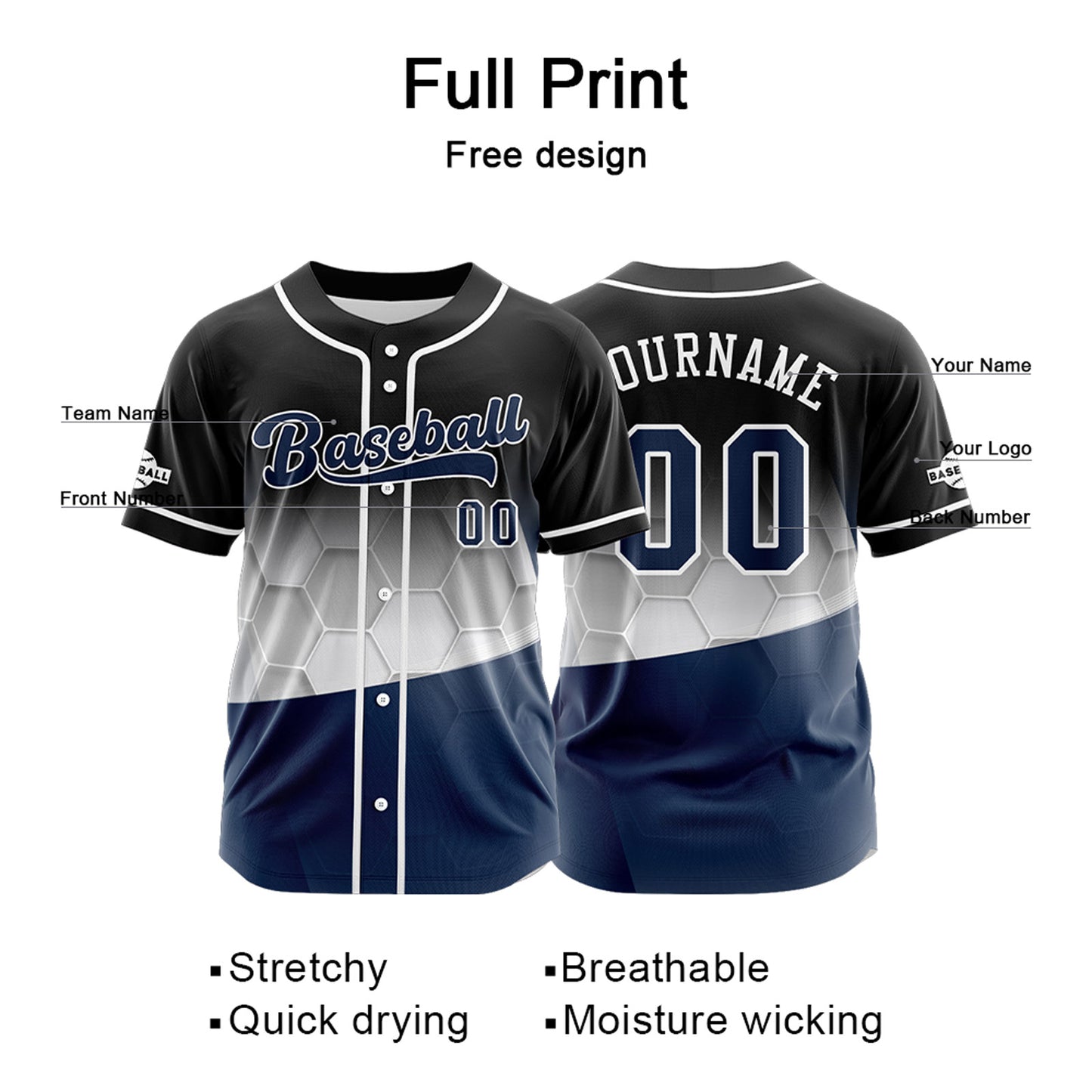 Custom Black Blue Button Down Baseball Jersey for Men Women Adult Youth Print Name Number Logo