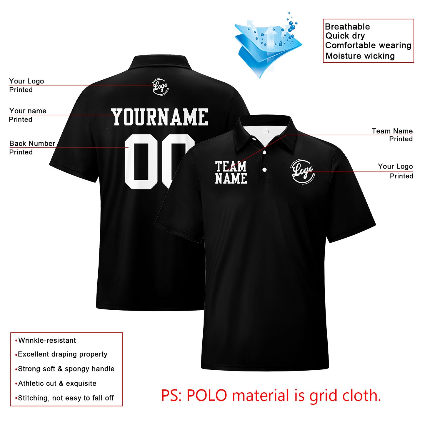 Custom Black White Football Polo Shirts  Add Your Unique Logo/Name/Number
