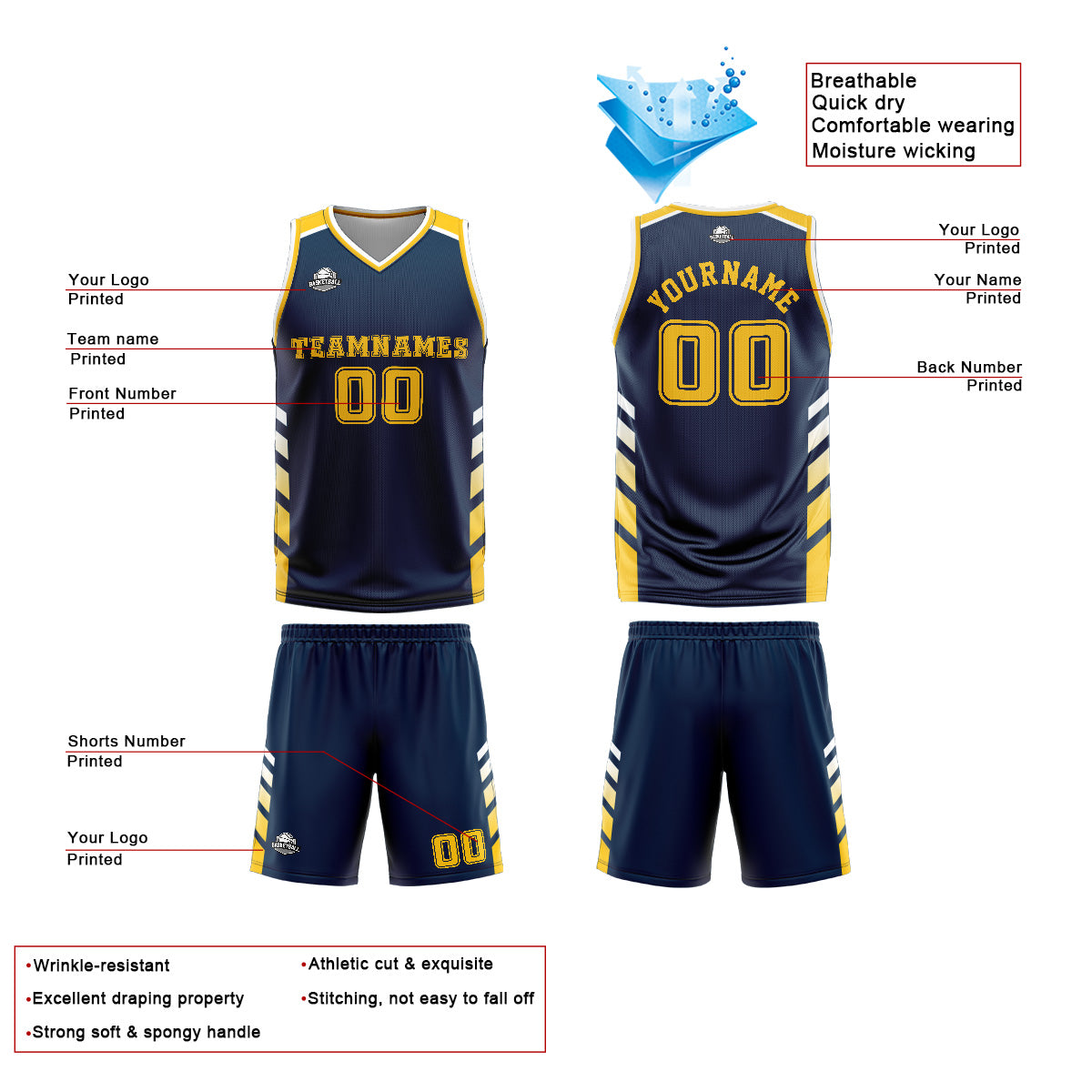 Custom Blue Yellow Basketball Jersey Uniform Suit Printed Your Logo Name Number