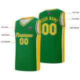 Custom basketball jersey shorts for men and women. Embroidered and printed name, number and logo Green&Yellow