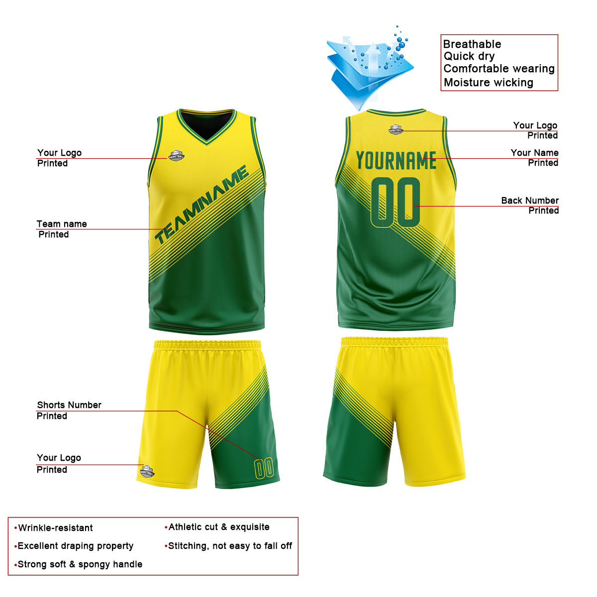 Custom Yellow Green Reversible Basketball Suit for Adults and Kids Personalized Jersey