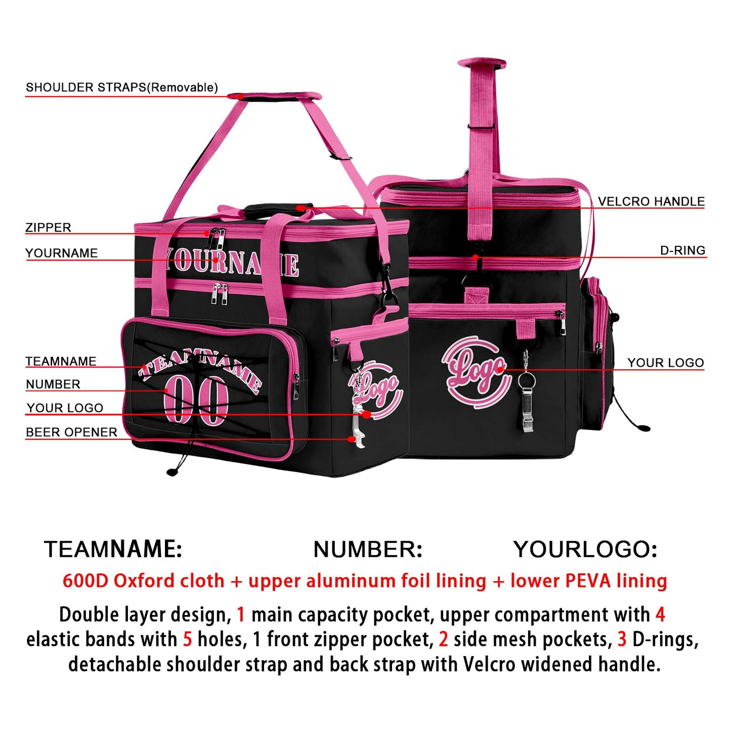 Portable Double Layer Cooler Bag - Waterproof Insulated Picnic Tote for Camping & Family Outings Black Pink