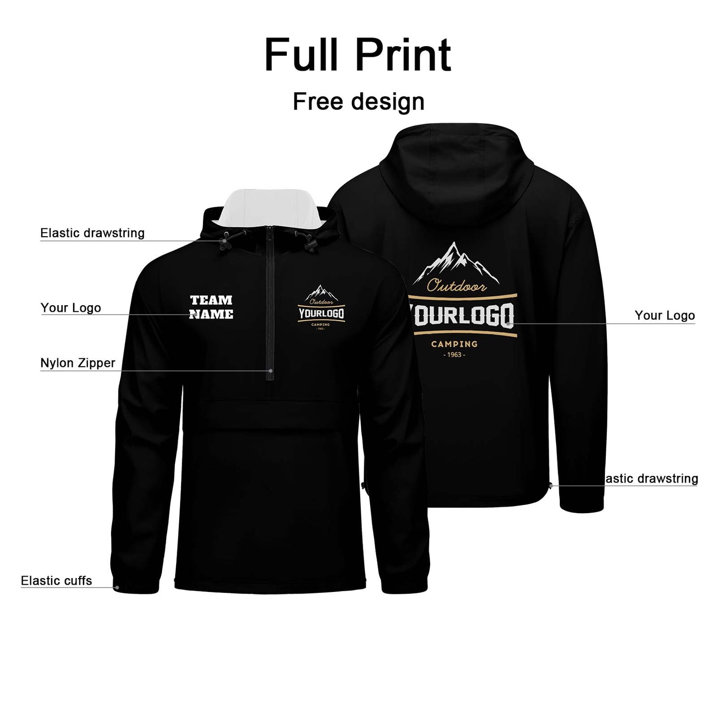 Custom Black Windproof Softshell  Hooded Jacket - Lightweight Full - Zip, Full Print Logos & Texts