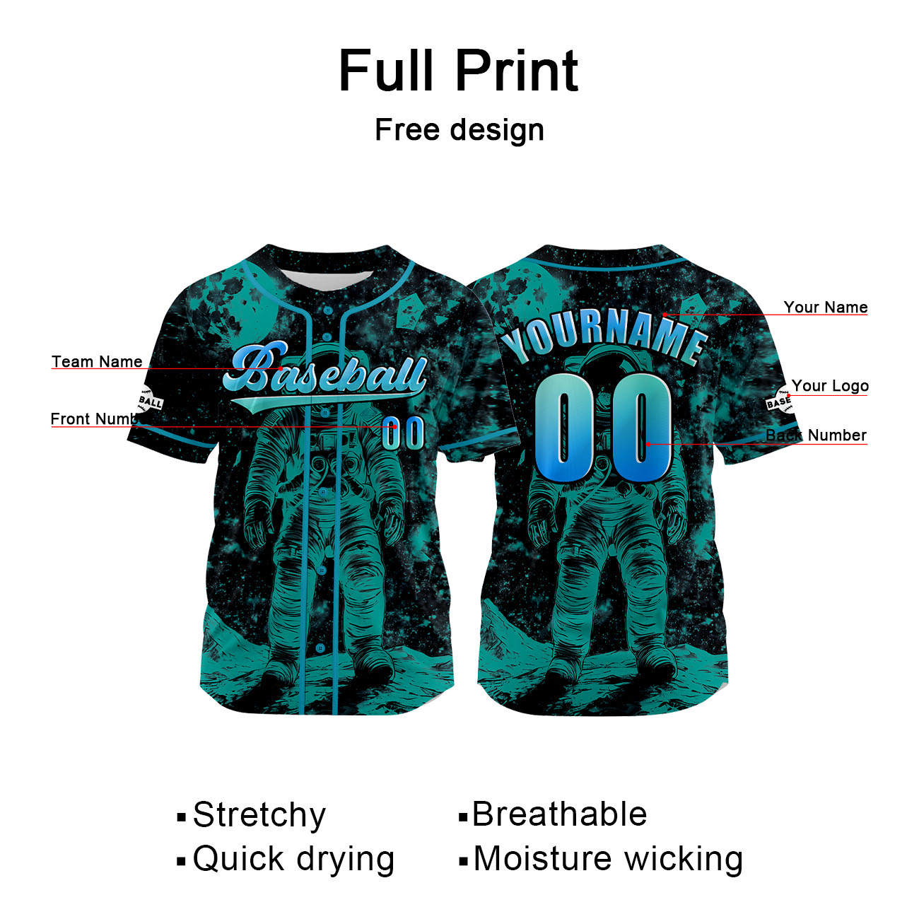 Custom Blue Green Baseball Jersey Print Personalized Name, Number and Logo
