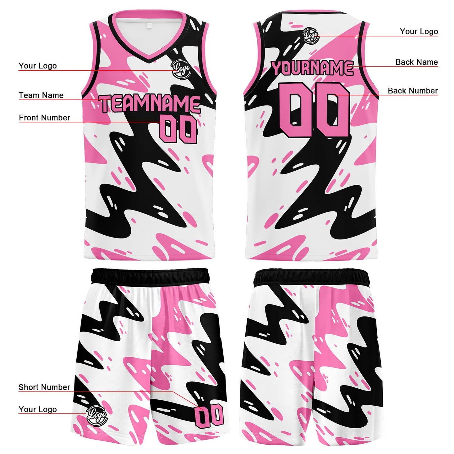 Custom White Black Pink Reversible Basketball Suit for Adults and Kids Personalized Jersey