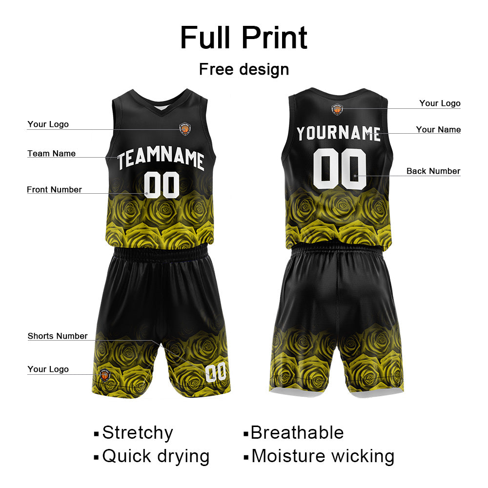 Custom Rose Yellow Reversible Basketball Suit for Adults and Kids Personalized Jersey