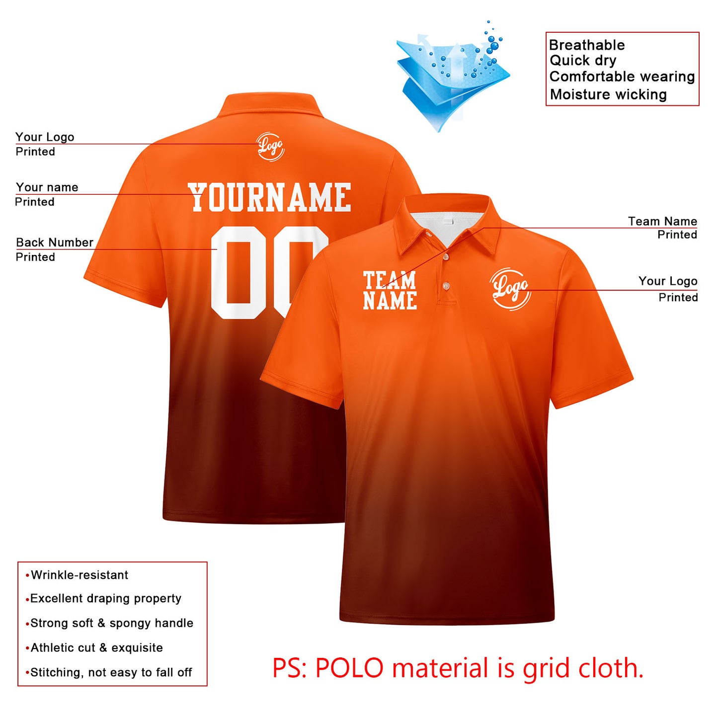 Custom Orange Brown Football Gradient Polo Shirts  Add Your Unique Logo/Name/Number
