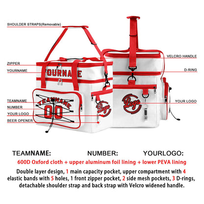 Custom White Red All-Over Print Double Layer Insulated Cooler Bag - Waterproof 600D Oxford Picnic Tote for Team Events & Outdoor BBQ