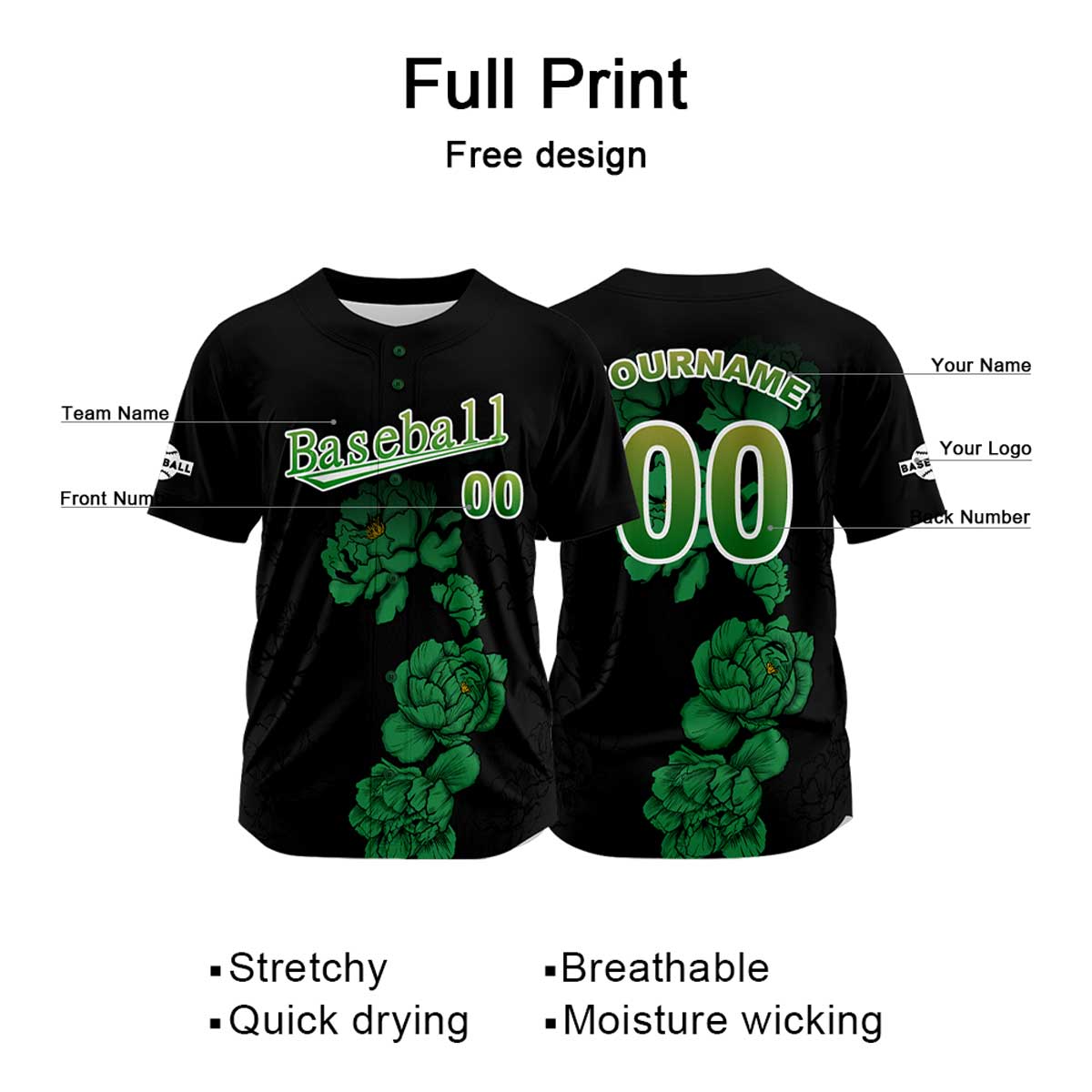 Custom Black Baseball Jersey Print Personalized Name, Number and Logo