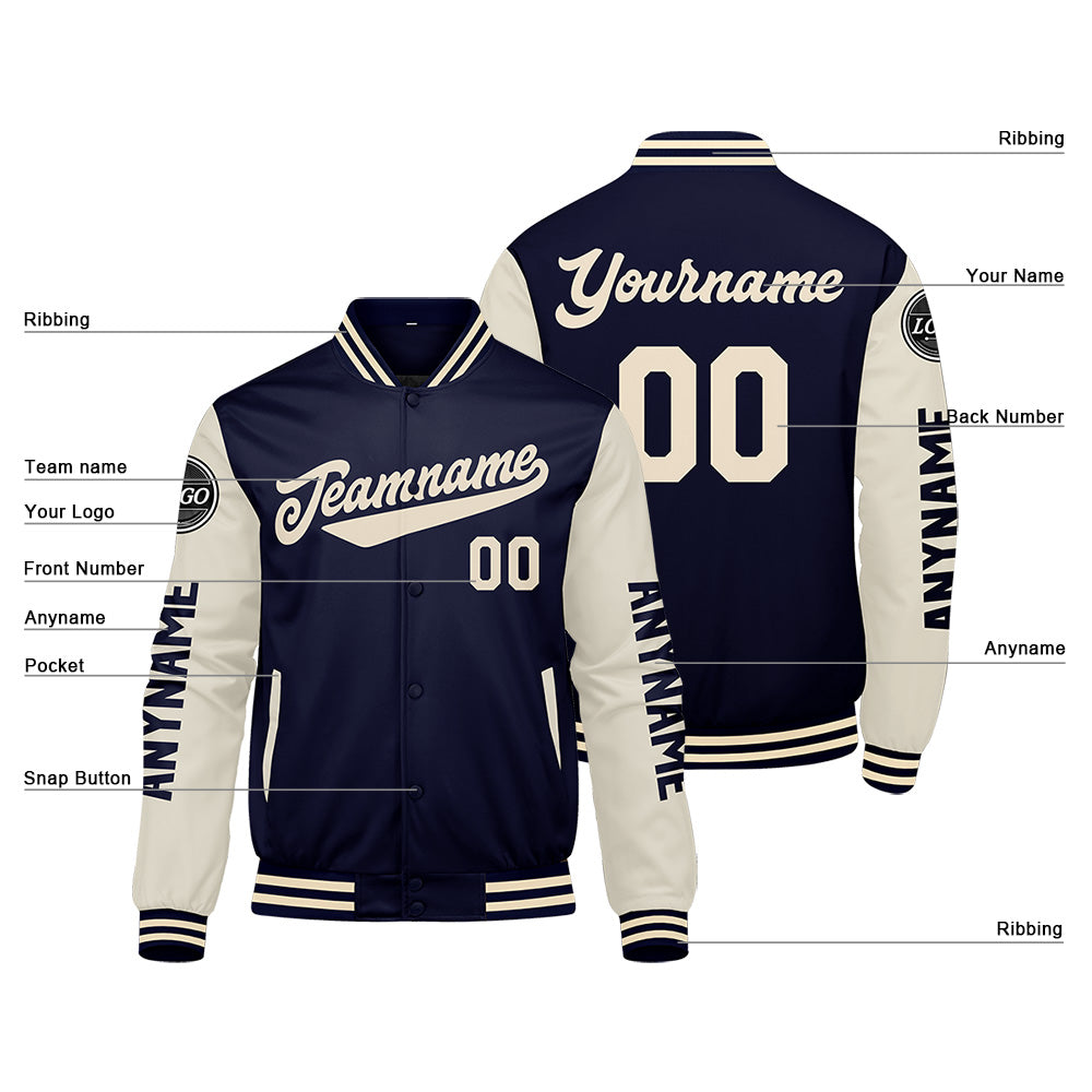 Custom Navy Cream Varsity Jackets for Men Women Youth Personalized Letterman Jackets
