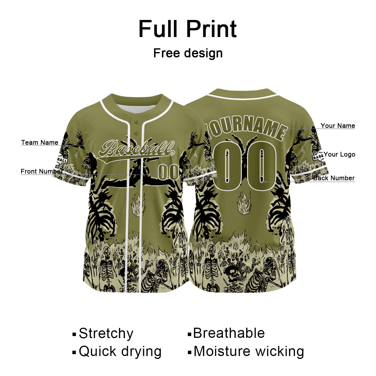 Custom Green Baseball Jersey Print Personalized Name, Number and Logo