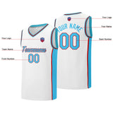 Custom basketball jersey shorts for men and women. Embroidered and printed name, number and logo White&Light Blue&Red